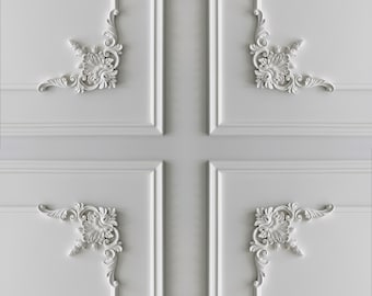Könnte beinhalten: Weiße Wandverkleidung mit symmetrischen floralen Eckdesigns. Die Verkleidung weist ein Rastermuster mit vertikalen und horizontalen Linien auf, wodurch eine klassische, dekorative Ästhetik entsteht. Die floralen Designs verleihen einen Hauch von Eleganz.