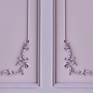 May include: A section of a wall with decorative molding, painted in a soft lavender hue. The central panel is a lighter shade of lavender. The corners feature detailed, ornate scrollwork, adding a touch of elegance to the design.