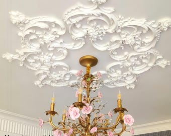 円形フローラルシーリングローズマルチピースセット、フランス建築メダリオンシャンデリア用バロックスタイル装飾ホームデコレーション用