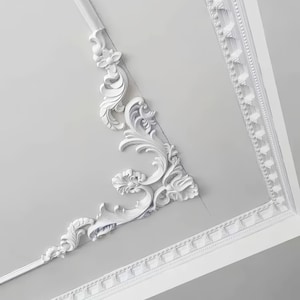 Può includere: Modanatura decorativa bianca per soffitto con motivi floreali e a volute ornati. La modanatura presenta un angolo dettagliato e un bordo lineare, creando un classico elemento architettonico.