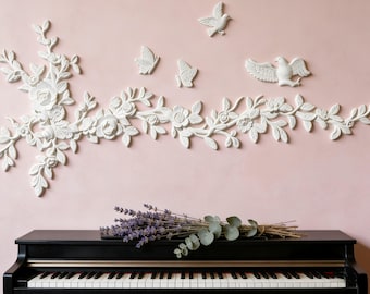 Calcomanía de pared de varias piezas con pájaros, mariposas y flores, paneles de pared para pintar y apliques de resina 3D para techo.