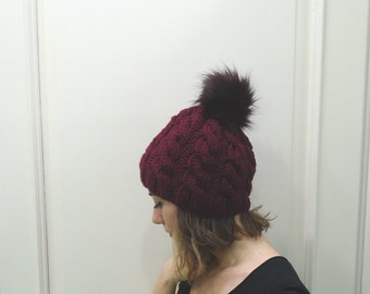 Winter hat,handmadeGift for her,valentine days ,BURGUNDY CABLED BEANIE,Pompom Beanie, Wool Hat, Handmade Beanie,  Knitted Beanie