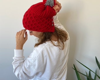 Hand Knitted Red/Beige/Gray Hat, Hat with Pompom, Handmade Gift,winter hat,handmade beanie,valentines day,hand knitted beanie