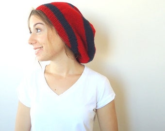 Knitted Striped Slouchy Beanie, RED and DARK BLUE, Indıgo, Autumn Winter beanie,valentines day,gift for her,handmade slouchy beanie