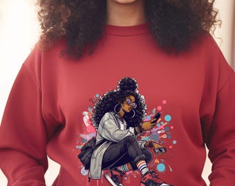 May include: A red sweatshirt featuring a colorful graphic of a person wearing glasses, holding a phone, and sitting down. The person in the graphic is wearing a gray jacket, black pants, and sneakers.
