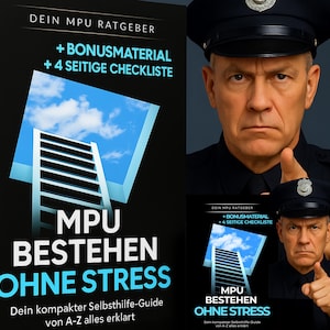 May include: A book cover with the title "MPU BESTEHEN OHNE STRESS" in large, bold letters. The cover features a ladder leading to a blue sky, and the image includes a man in a police uniform pointing at the book.