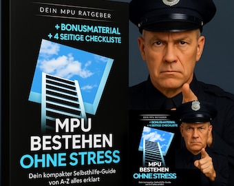 May include: A book cover with the title "MPU BESTEHEN OHNE STRESS" in large, bold letters. The cover features a ladder leading to a blue sky, and the image includes a man in a police uniform pointing at the book.