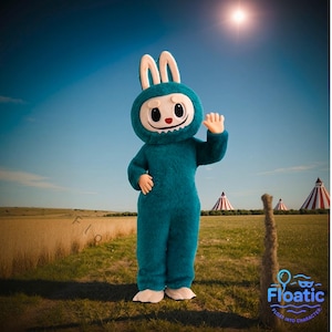 Malachite Green Labubu Bunny Mascot Costume: Faux Fur Rabbit Suit