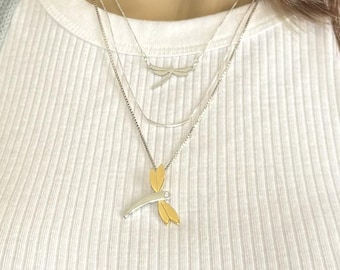 Sterling Silver Dragonfly Necklace Set, Brass and Stainless Steel, Layered Jewelry