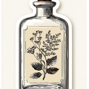 May include: A clear glass bottle with a brown cork stopper. The bottle features a beige label with a detailed black and white botanical illustration of a flowering plant. The design has a vintage, apothecary aesthetic.