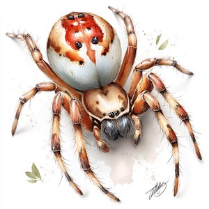May include: A detailed illustration of a spider with a white, brown, and red patterned body. The spider has multiple legs with brown and white stripes. The artwork is set against a white background with subtle watercolor effects.