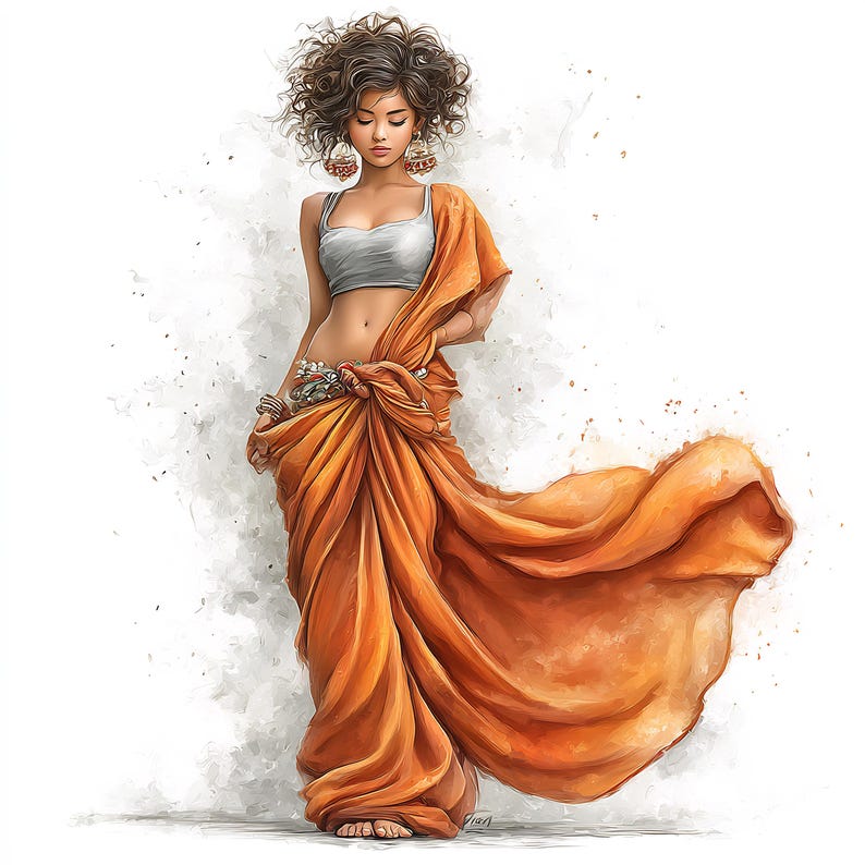 May include: An illustration of a person wearing a flowing orange sari and a silver crop top. The person has curly brown hair and is wearing large, ornate earrings and bracelets. The sari drapes elegantly, with a portion of the fabric billowing out.