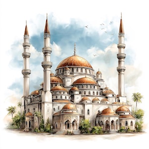 May include: Watercolor illustration of a grand mosque with multiple domes and minarets. The mosque features a white facade with copper-colored domes and spires. Palm trees and birds are visible against a cloudy blue sky, creating a serene and detailed architectural scene.