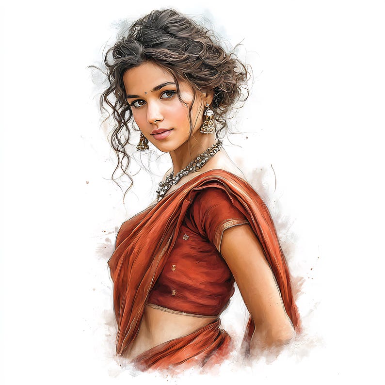 May include: A watercolor-style portrait of a person wearing a red sari. The person has curly brown hair, gold earrings, and a silver necklace. The sari drapes over the shoulders and torso, with intricate details.