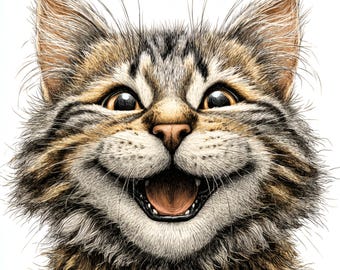 Descarga digital de un lindo gato, arte de pared imprimible de gatito sonriente, ilustración de gato atigrado, regalo para amantes de las mascotas, decoración de animales para guardería.