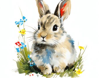 Clipart de conejito de acuarela, linda ilustración de conejo sentado, arte mural infantil, impresión digital de animales bebés, descarga JPG de bosque