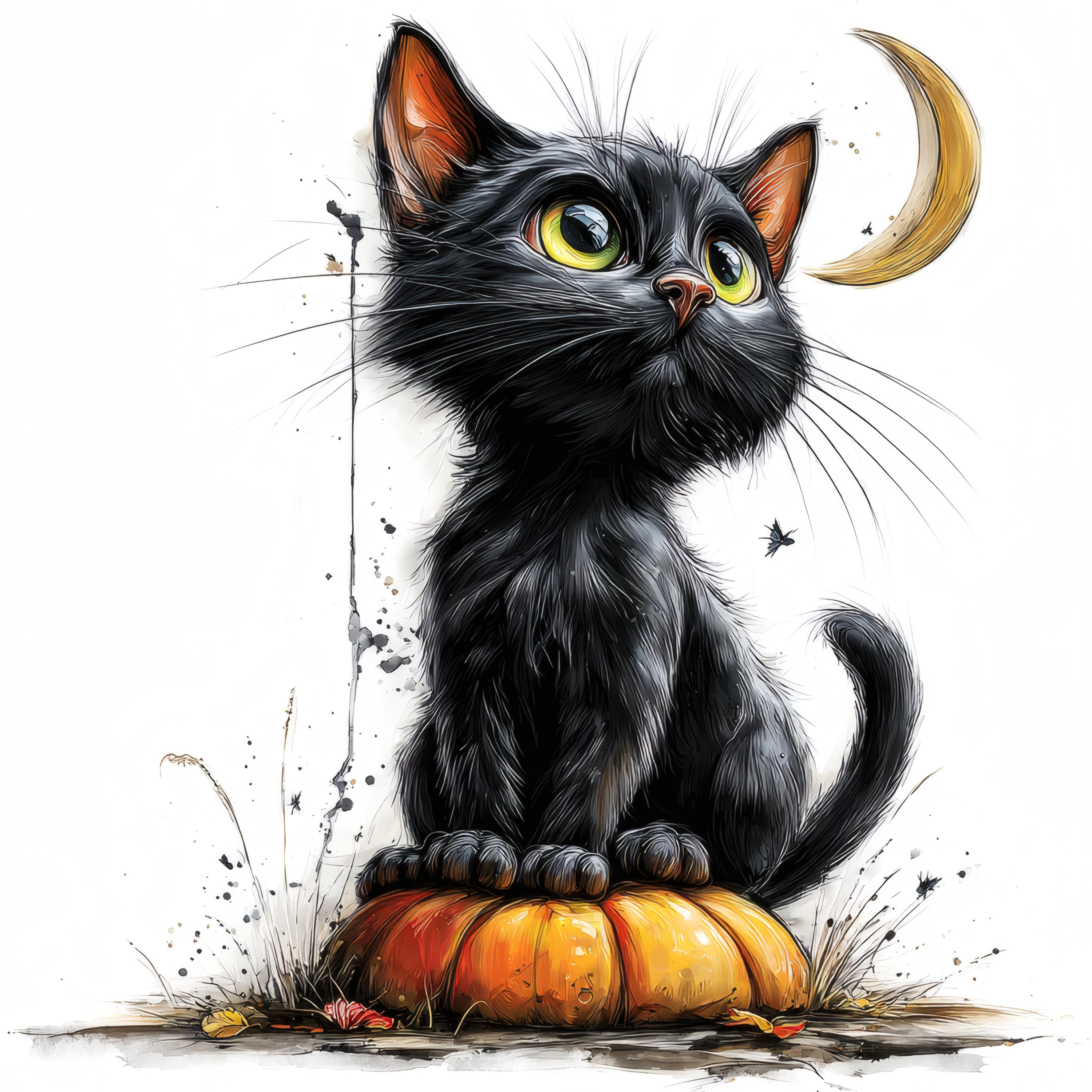 Black Cat Halloween Wall Art Printable, Spooky Moon Pumpkin Decor ...