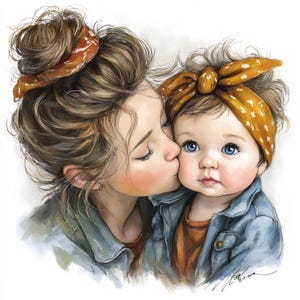 以下が含まれることがあります： 母親が赤ちゃんにキスをしている水彩画イラスト。母親は茶色の髪をまとめ、錆色のバンダナをしています。赤ちゃんは青い目をし、黄色のバンダナをしています。どちらもデニムジャケットを着ています。