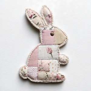 May include: A fabric bunny applique in pastel shades of pink, cream, and beige. The design incorporates floral and dotted patterns, with a button eye and a stitched border. The bunny's ears and body are made from various fabric pieces.