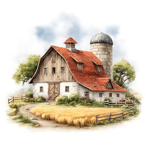 Peut inclure: Illustration à l'aquarelle d'une ferme avec une grange au toit rouge et un silo. La grange a des portes en bois et des murs en pierre. Un champ de blé et une clôture en bois sont au premier plan, sous un ciel nuageux.