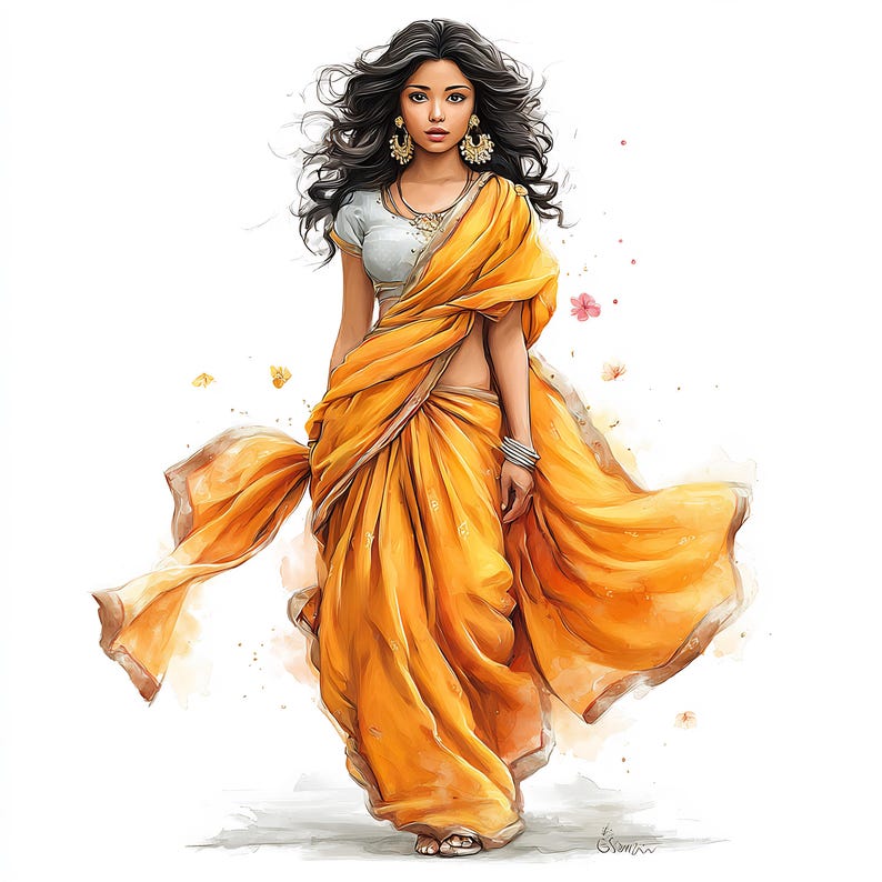 May include: Watercolor illustration of a woman in a flowing yellow sari. She wears a white blouse, gold earrings, and bracelets. Her dark hair is styled in loose waves. The sari drapes elegantly, with soft folds and a flowing edge.