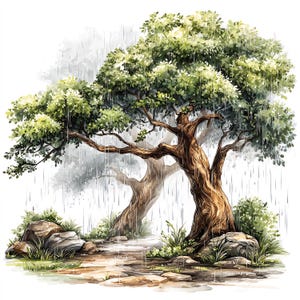Puede incluir: Pintura a la acuarela de un árbol bajo la lluvia. El árbol tiene un tronco marrón grueso y hojas verdes exuberantes. Las gotas de lluvia caen, creando un efecto brumoso. Rocas y hierba en la base del árbol, con un sendero.