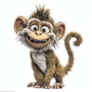 May include: A cartoon monkey with brown fur, a white chest, and a mischievous grin. The monkey has large, expressive green eyes and a long, curved tail. Its fur is textured, and it appears to be sitting down.