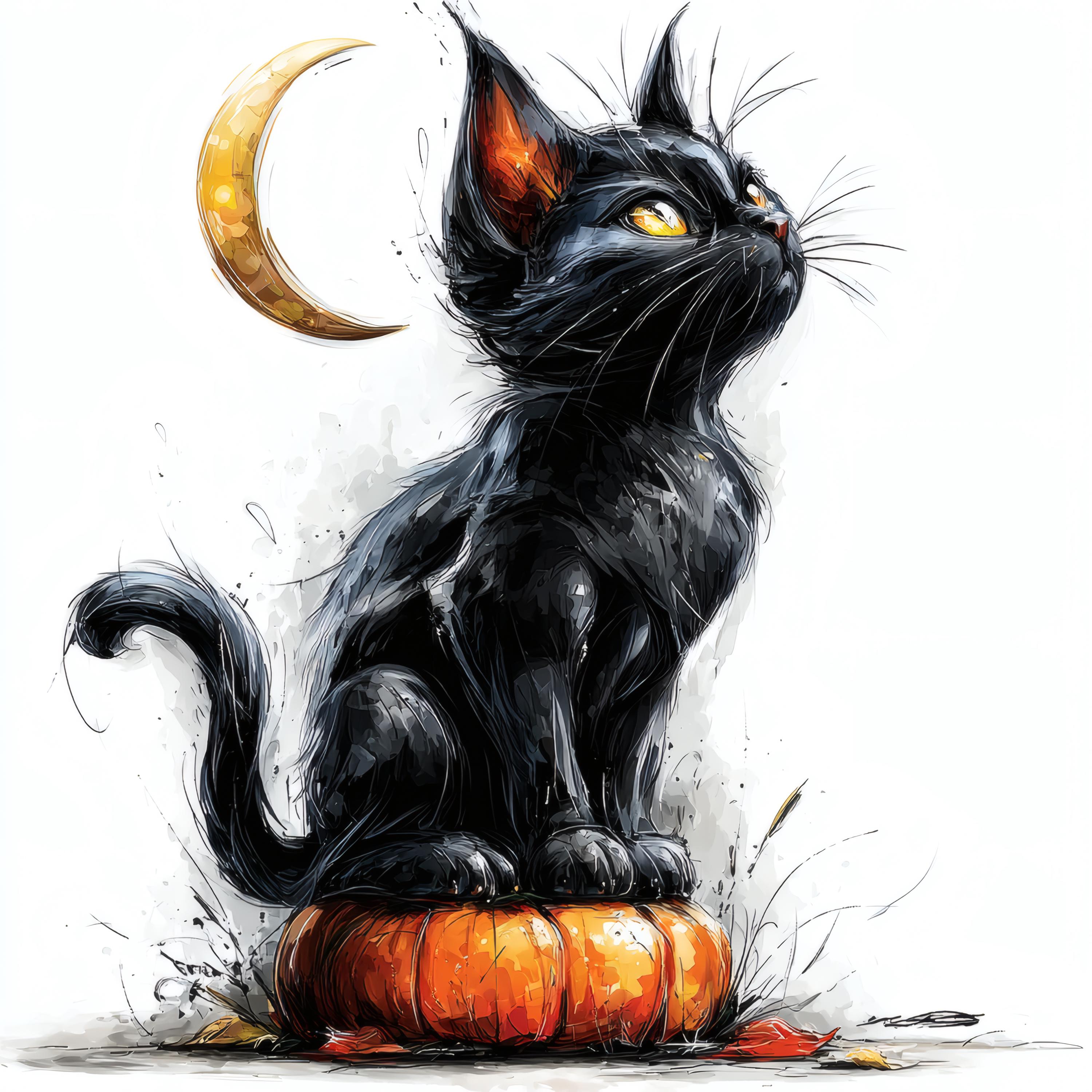 Black Cat Halloween Wall Art Printable, Spooky Moon Pumpkin Decor ...