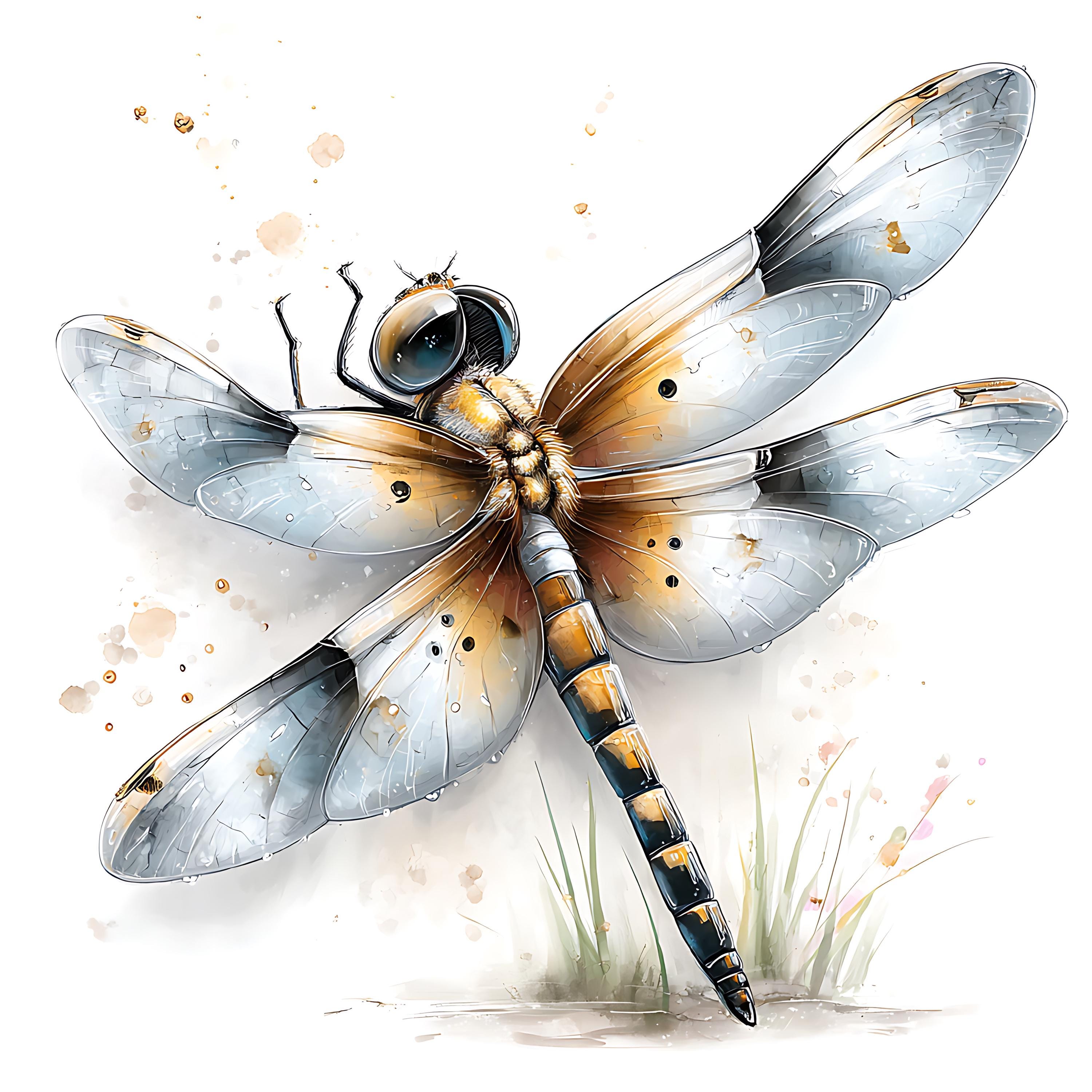 Watercolor Dragonfly Wall Art Print, Crystal Wings Silver Details ...