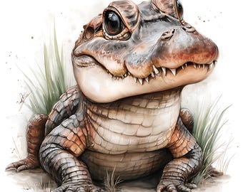 Watercolor Crocodile Clipart, Isolated Reptile Illustration on White Background, Jungle Animal Printable Art for Crafts & Educational Design