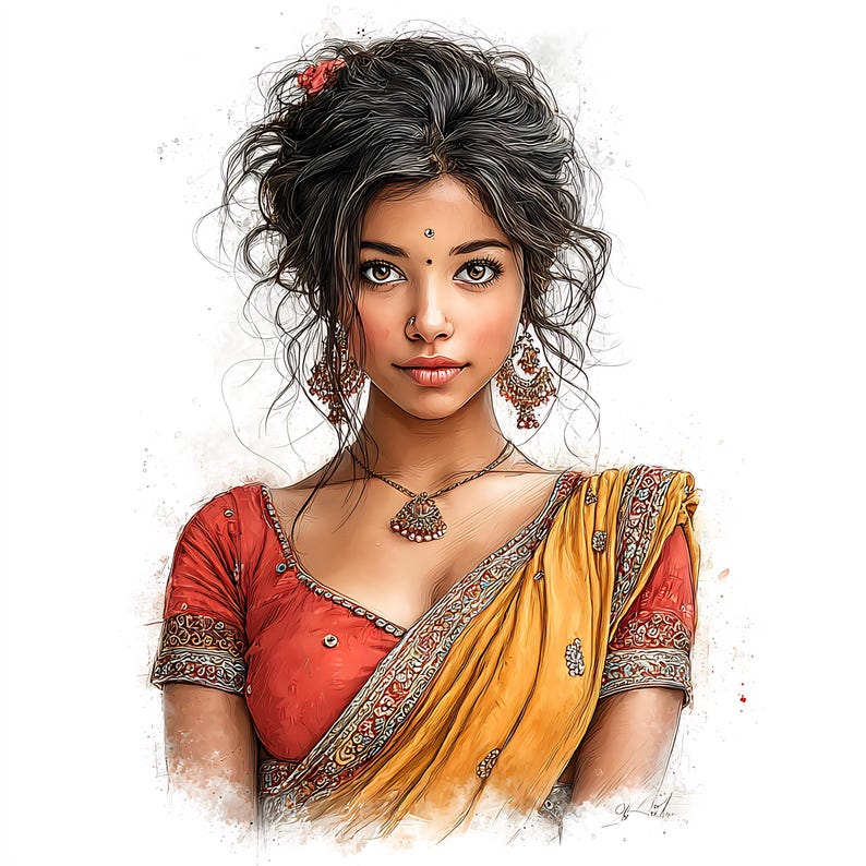 May include: A watercolor portrait of a woman wearing traditional Indian attire. She has dark hair, a red blouse, and a yellow and red sari. She is adorned with gold jewelry, including earrings and a necklace. A red flower is in her hair.