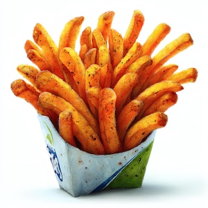 May include: A close-up image of a serving of golden-brown french fries in a white and blue paper container. The fries are seasoned with herbs and spices, and the container has a green accent.