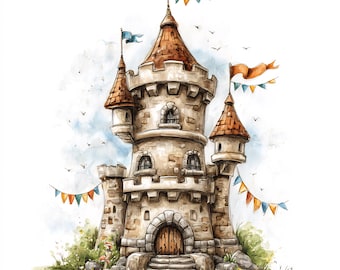 Impresión de pared de torre de castillo medieval, ilustración de torre de cuento de hadas, decoración del hogar de fantasía, obra de arte de castillo histórico, póster de torre para habitación