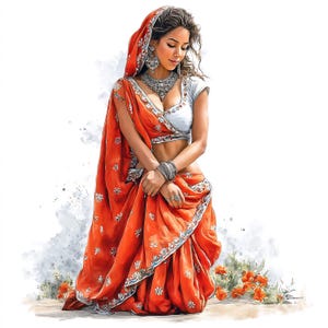 May include: An illustration of a person wearing a vibrant orange sari with intricate white and silver embroidery. The sari is draped over a white blouse and head covering. The person is adorned with silver jewelry, including a necklace, earrings, and bracelets.
