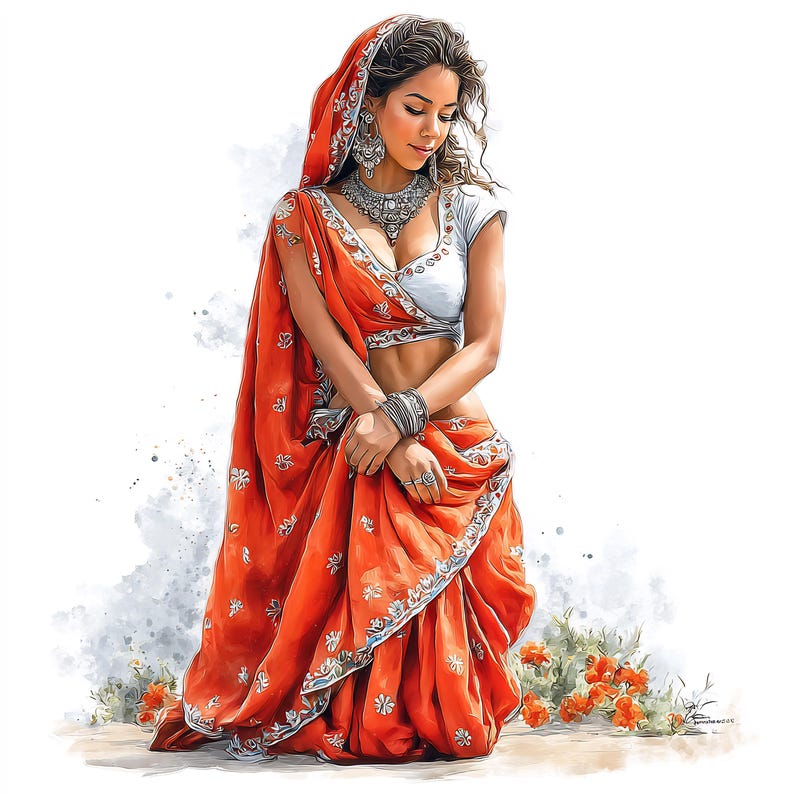 May include: An illustration of a person wearing a vibrant orange sari with intricate white and silver embroidery. The sari is draped over a white blouse and head covering. The person is adorned with silver jewelry, including a necklace, earrings, and bracelets.