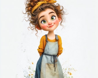 Clipart personnage fille originale, illustration féminine fantaisiste, personnage de dessin animé ludique pour autocollants, travaux manuels, scrapbooking, sublimation