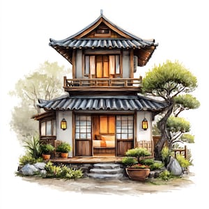 Traditioneel Japans houten huis illustratie muurkunst, schuifdeur architectuurkunstwerk, Zen Home natuur print decor