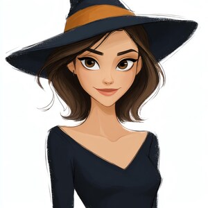 May include: Illustration of a woman with brown hair and eyes, wearing a black dress and a wide-brimmed witch hat with a brown band. The artwork has a cartoon style with soft shading and highlights, set against a white background.