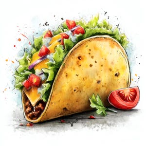 May include: A watercolour illustration of a fully loaded taco. The taco shell is golden brown and filled with ground meat, cheese, lettuce, tomatoes, and onions. A slice of tomato and parsley sprig are next to the taco.