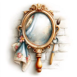 May include: A decorative, oval-shaped hand mirror with a gold-colored frame and handle. A blue and floral patterned scarf is draped over the frame. A paintbrush is attached to the side. The mirror is set against a white brick wall.