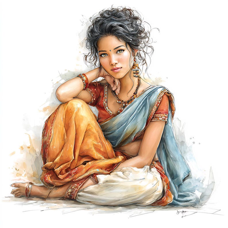 May include: Watercolor illustration of a woman in traditional Indian attire. She is wearing a red blouse, an orange and blue sari, and jewelry. Her dark hair is styled in curls. The artwork has a soft, artistic feel.