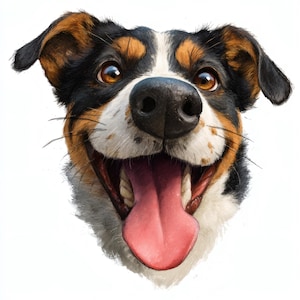 May include: A close-up illustration of a happy dog's face. The dog has brown eyes, a black nose, and a pink tongue. Its fur is a mix of black, brown, and white. The dog is smiling with its mouth open.