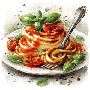 Könnte beinhalten: Aquarell-Illustration von Pasta mit Tomatensauce, Basilikumblättern und Kirschtomaten auf einem weißen Teller. Eine silberne Gabel steckt in der Pasta. Das Bild hat ein Food-Thema.