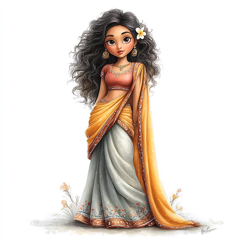 May include: Illustration of a woman in a traditional Indian sari. The sari is a combination of yellow, white, and gray, with intricate floral patterns. She has dark curly hair, gold earrings, and a flower in her hair. The artwork has a soft, watercolor style.