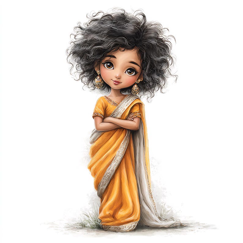 May include: A digital illustration of a young person with dark curly hair wearing a yellow sari with a white border. The person is also wearing gold earrings and has their arms crossed. The background is white.