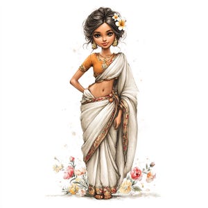 May include: Watercolor illustration of a woman in a traditional Indian sari. The sari is white with a decorative border. She wears a gold blouse, jewelry, and a flower in her hair. The artwork is set against a white background with floral accents.