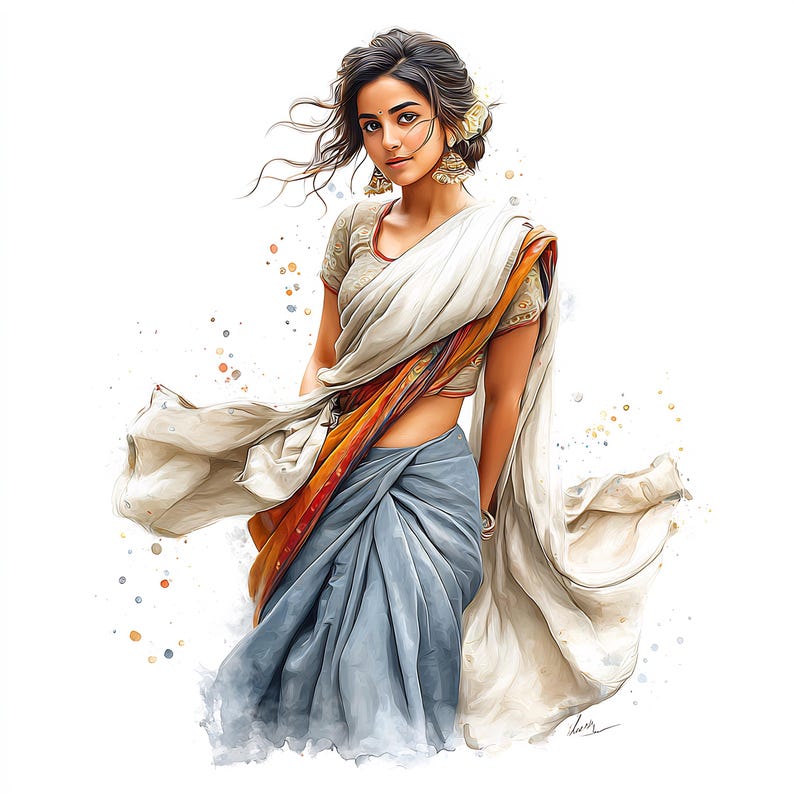 May include: Watercolor illustration of a woman wearing a traditional Indian sari. The sari features a white drape with orange and red accents, paired with a light blue skirt. The woman has dark hair, gold earrings, and a floral hair accessory.