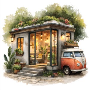 May include: Watercolor illustration of a small house with a green roof and a vintage orange and white van parked beside it. The house has large windows, a wooden door, and is surrounded by plants and flowers. The interior is lit with warm lights.