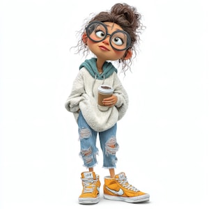 Könnte beinhalten: Cartoon-Illustration einer Person, die einen weißen Kapuzenpullover mit blauer Kapuze, zerrissene blaue Jeans und gelbe High-Top-Sneaker trägt. Die Person hält eine Kaffeetasse und trägt eine große, runde Brille.