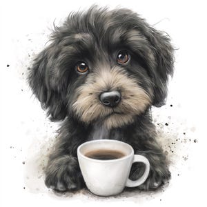 May include: Watercolor illustration of a fluffy black and tan puppy with big brown eyes. The puppy is holding a white coffee mug with a dark brown liquid inside. The background has soft watercolor splatters.